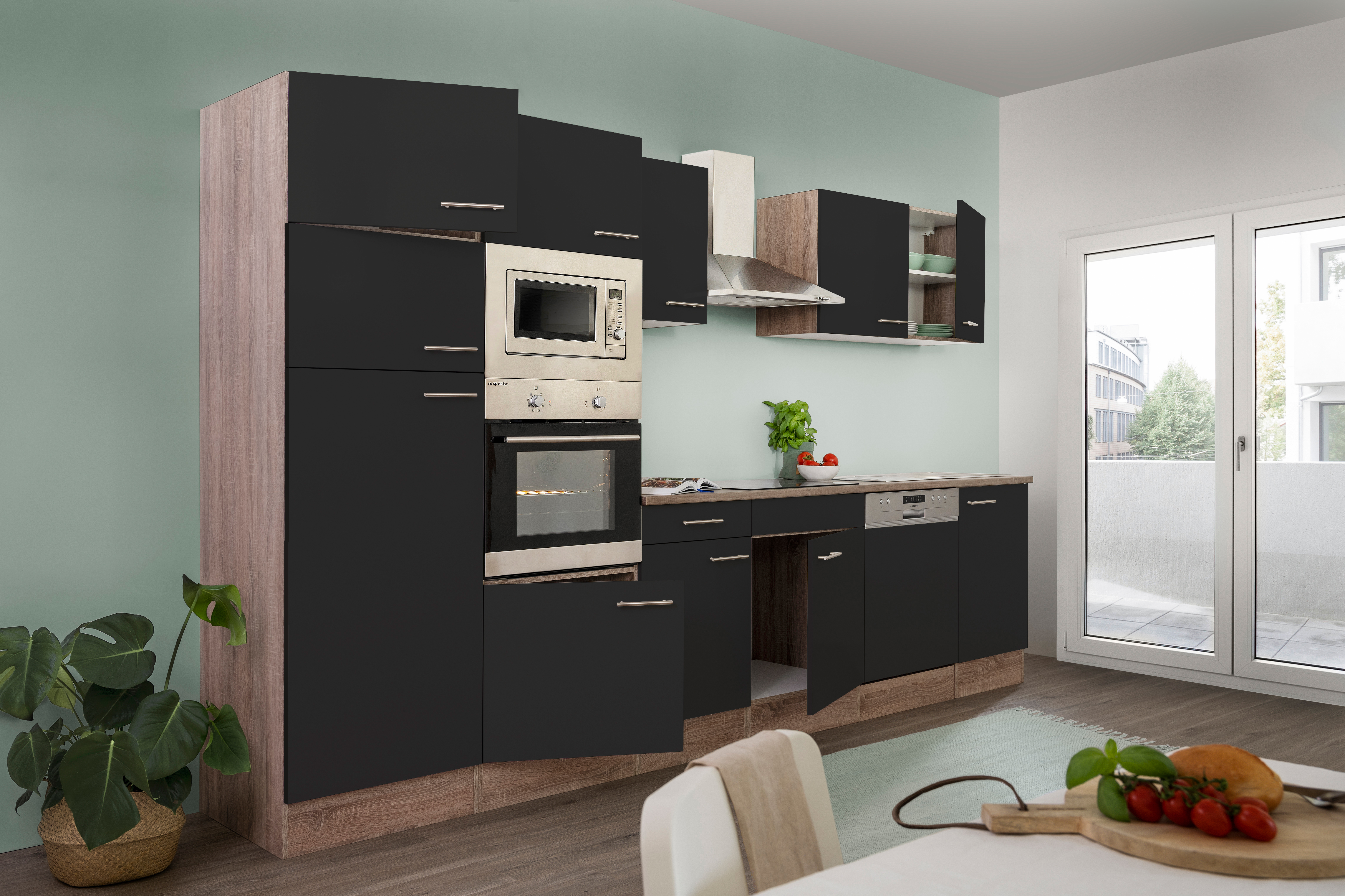 Keuken 340cm - zwart/eik donker - vitrokeramische kookplaat