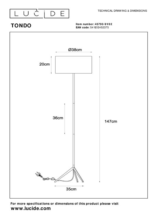 Lucide TONDO - Vloerlamp - Ø 38 cm - 1xE27 - Mat Goud / Messing