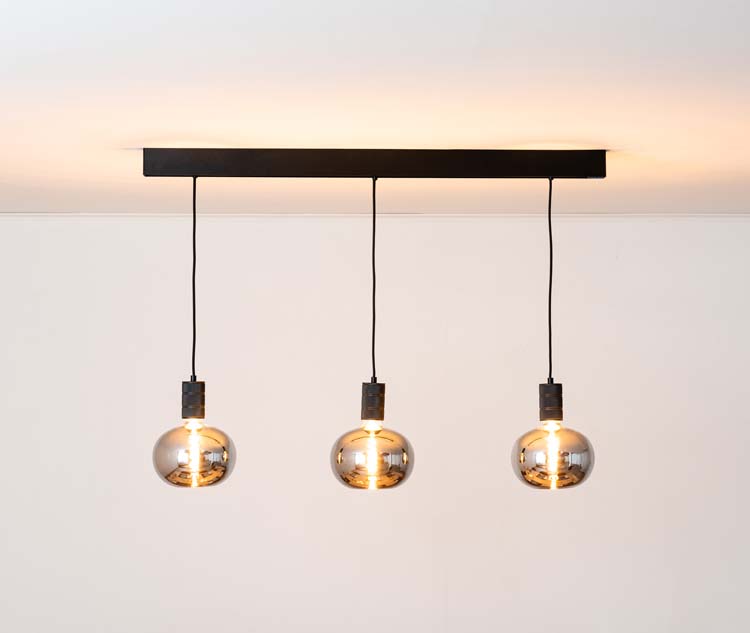 Railverlichting design Béa zwart set 1,2m 3 pendels Appel Smoke E27 3x4W