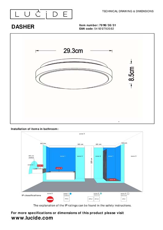 Lucide DASHER - Plafonnier Salle de bains - Ø 29,3 cm - LED - 1x12W 2700K - IP44 - Blanc