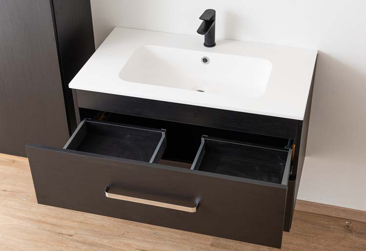 Meuble salle de bain Plato noir grain de bois 90cm - mat - poignée chrome