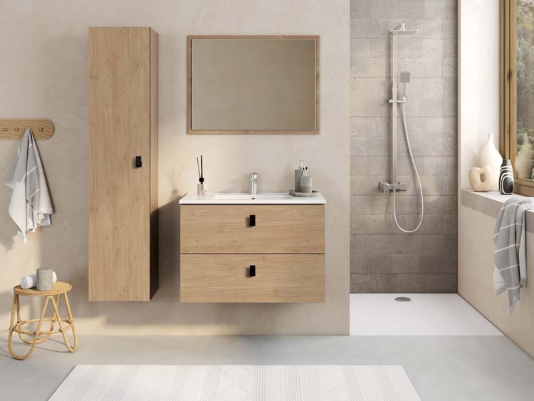 Meuble de salle de bain Andras chêne 2 tiroirs 800 mm lavabo blanc brillant