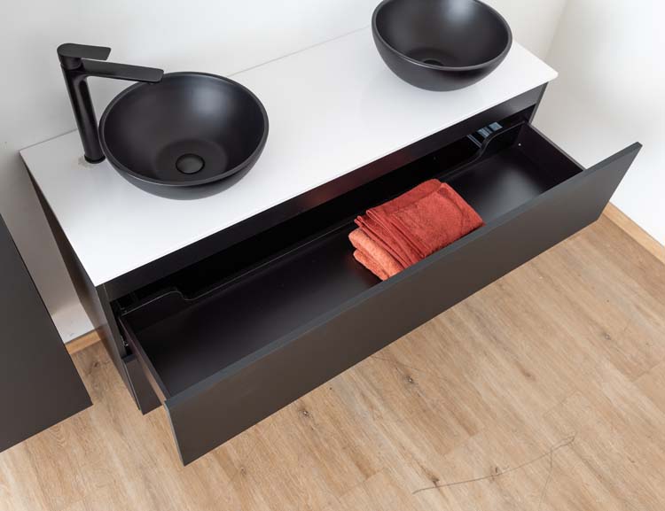 Meuble salle de bain Puro noir mat 1400mm table en saillie brillant