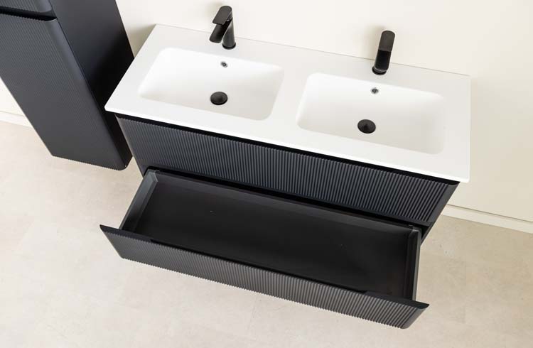 Meuble de salle de bain Julia noir mat 2 tiroirs 1200 mm lavabo blanc mat