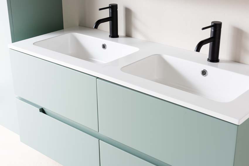 Meuble de salle de bain Truman gris-vert 1200 mm lavabo double brillant gauche