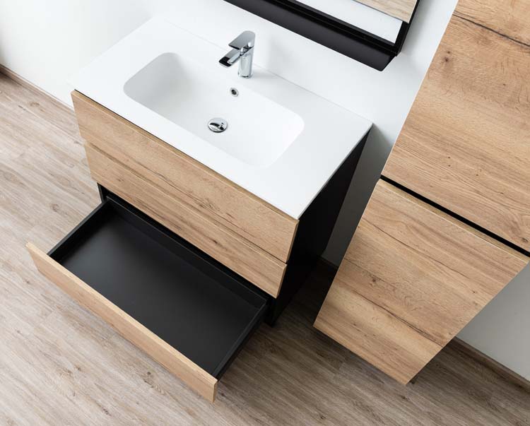 Meuble Dotan noir/chêne 900 mm sur pied lavabo blanc