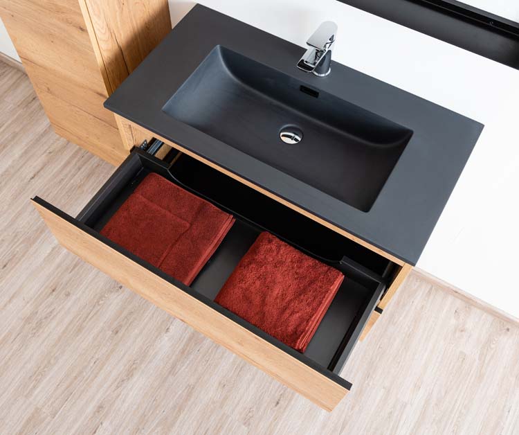 Meuble de salle de bain Daria chêne brun doré 900 mm lavabo noir mat