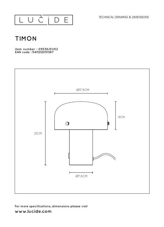 Lucide TIMON - Lampe de table - 1xE14 - 3 StepDim - Or Mat / Laiton