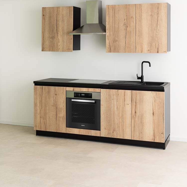 Keuken Plenti 220 cm - oven onder - zonder toestellen - zwart-houtlook