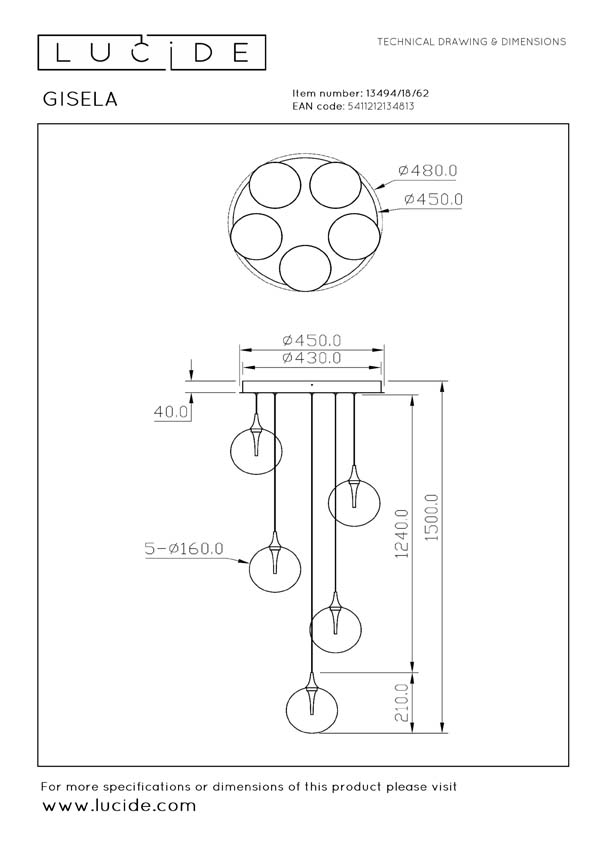 Lucide GISELA - Suspension - Ø 48 cm - LED Dim. - 5x3,8W 2700K - Ambre