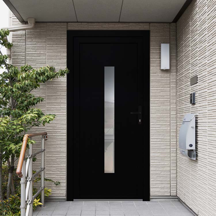 Buitendeur met verticale ruit PVC zwart/wit R mat glas 980x2180mm