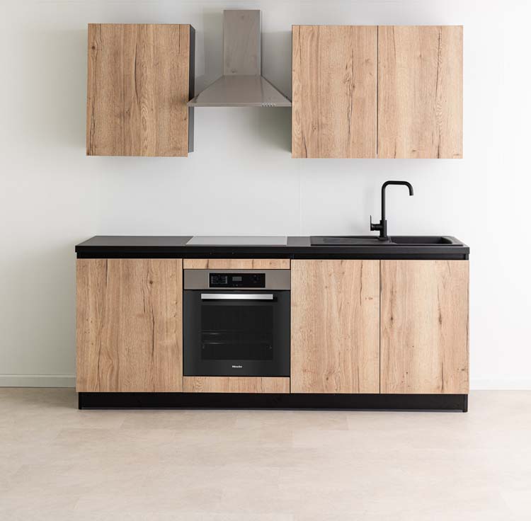 Keuken Plenti 220 cm - oven onder - zonder toestellen - zwart-houtlook