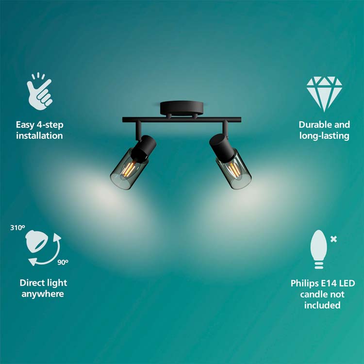 Spot plafond/mur - verre long - dimmable - E14 - 2x25W - lampe excl - noir