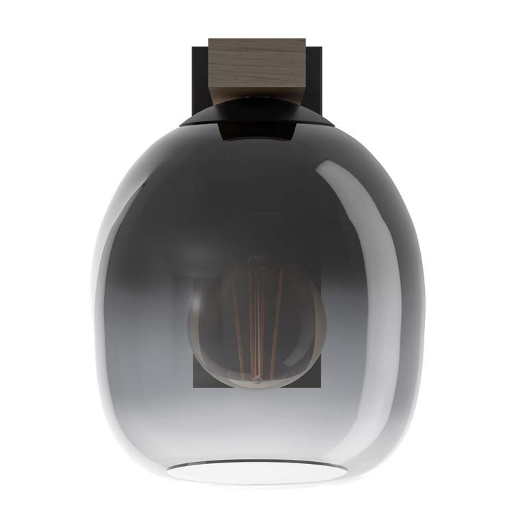 Wandlamp zwart-hout glas smockey grey E27