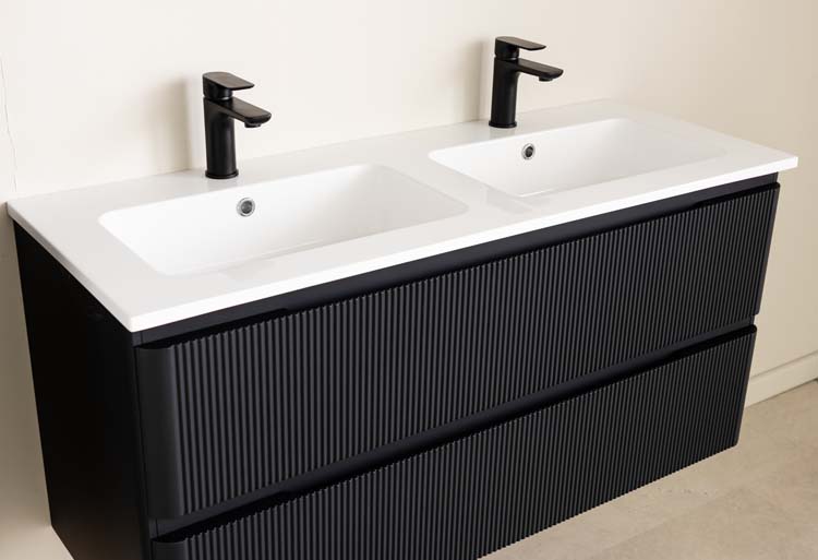 Meuble de salle de bain Julia noir mat 2 tiroirs 1200 mm lavabo blanc brillant