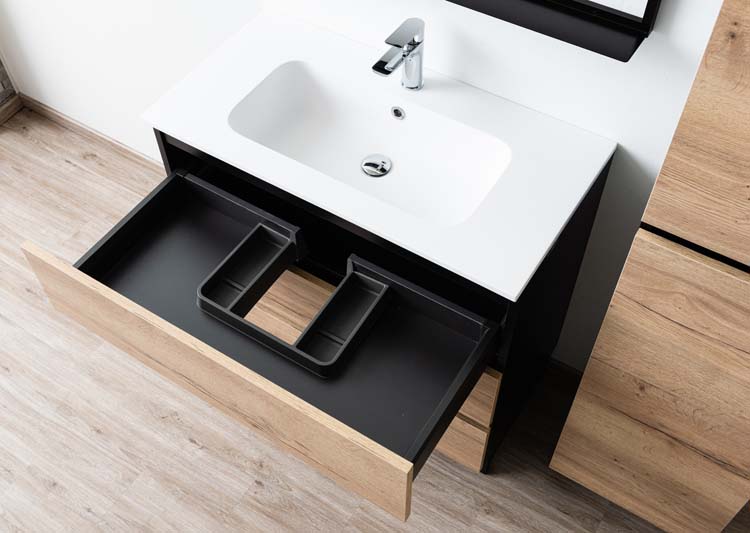 Meuble Dotan noir/chêne 900 mm sur pied lavabo blanc