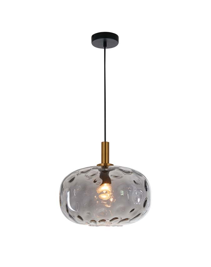 Hanglamp zwart/goud met grijs glas diam 30 cm