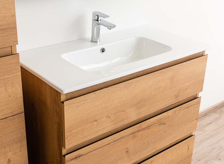Meuble de salle de bain Daria chêne brun doré 900 mm sur pied lavabo porcelaine brillant