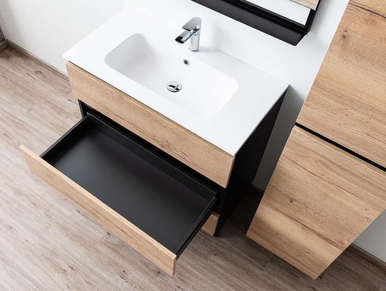 Meuble Dotan noir/chêne 900 mm sur pied lavabo blanc