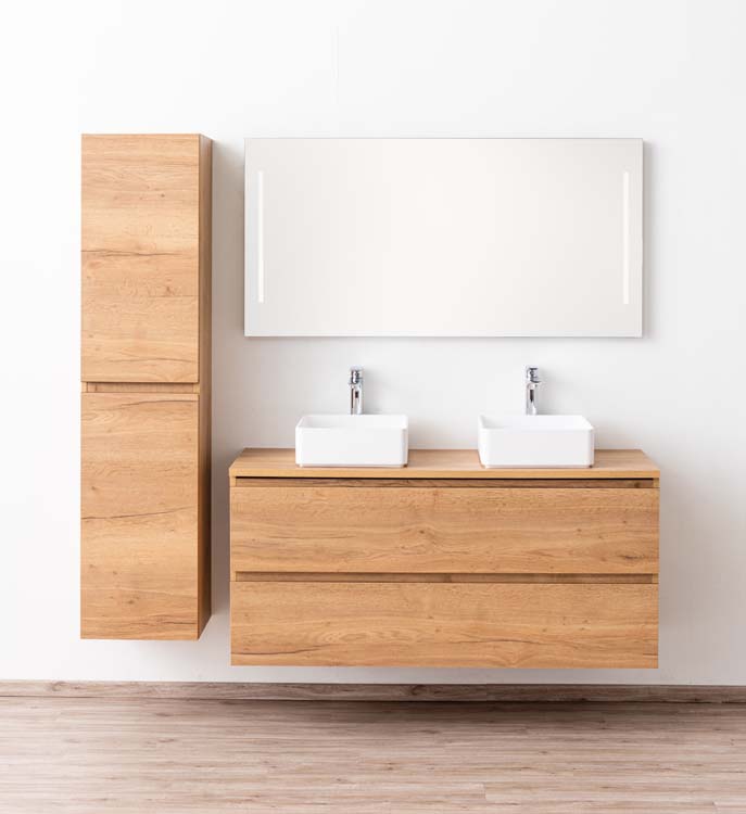 Meuble de salle de bain Daria chêne brun doré 1400 mm tablette en saillie melamine