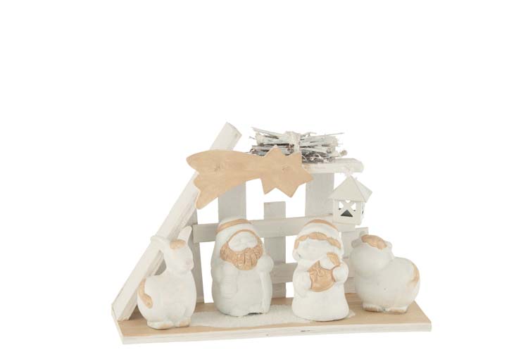 Kerststal hout/poly wit/beige 21,5 x 7,5 x 14 cm