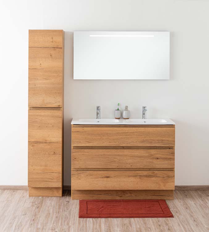 Meuble de salle de bain Daria chêne brun doré 1200 mm sur pied 2 lavabo brillant