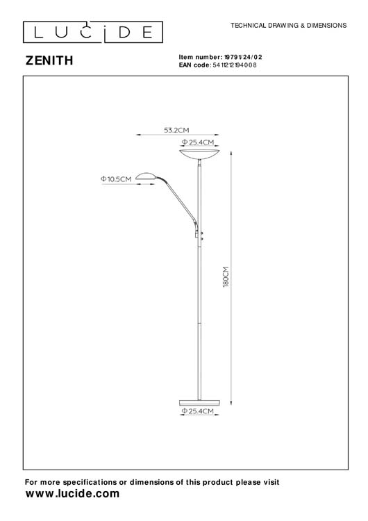 Lucide ZENITH - Leeslamp - LED Dimb. - 3000K - Mat Goud / Messing