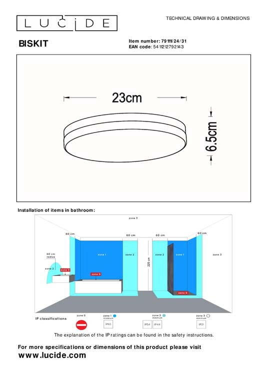 BISKIT - Plafonnier Salle de bains - Ø 23 cm - LED - 1x12W 2700K - IP44 - Blanc