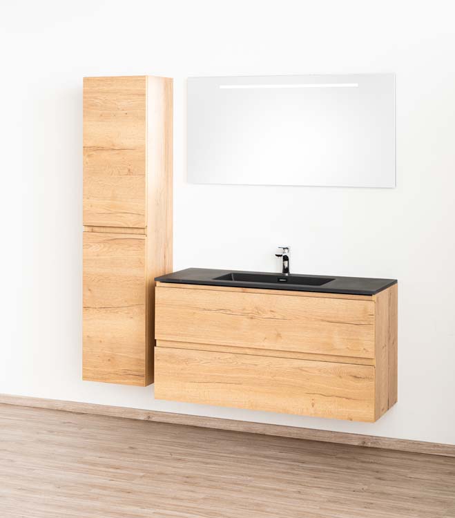 Meuble salle d bain Daria chêne brun doré 120cm lavabo noir mat simple