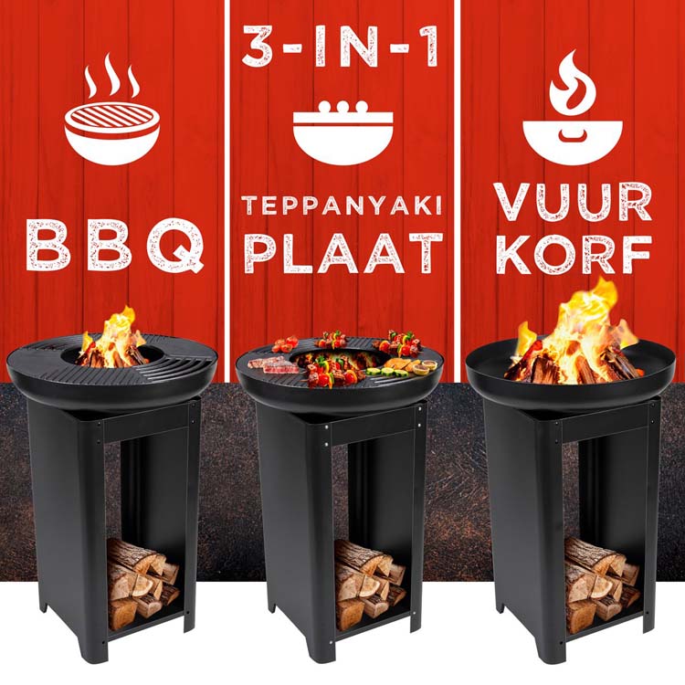 Vuurkorf en teppanyaki 3-in-1 grillplaat BBQ D61 x H90 cm zwart