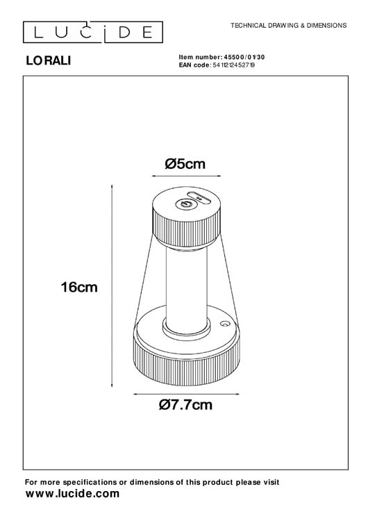 Lucide LORALI - Tafellamp - Batterijen - LED Dimb. - IP44 - Zwart