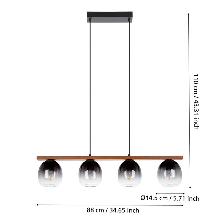 Lampe suspendue noir-bois verre gris fumé E27