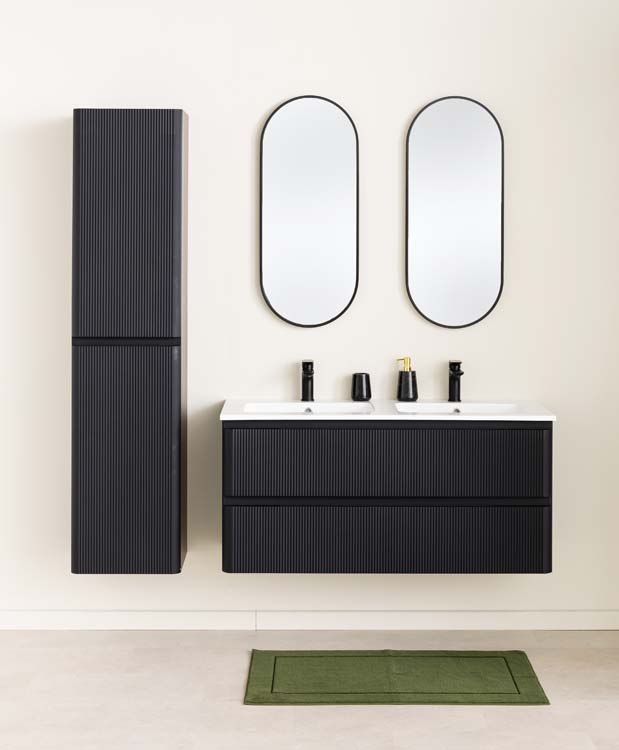 Meuble de salle de bain Julia noir mat 2 tiroirs 1200 mm lavabo blanc brillant