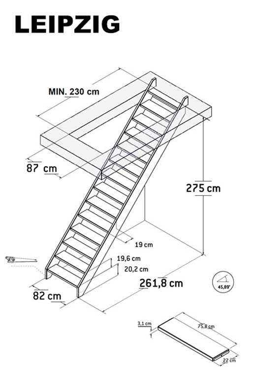 Escalier droit en pin Leipzig 275x82cm