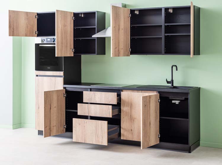 Keuken Plenti 280 cm - oven boven - lades - zonder toestellen - zwart-houtlook