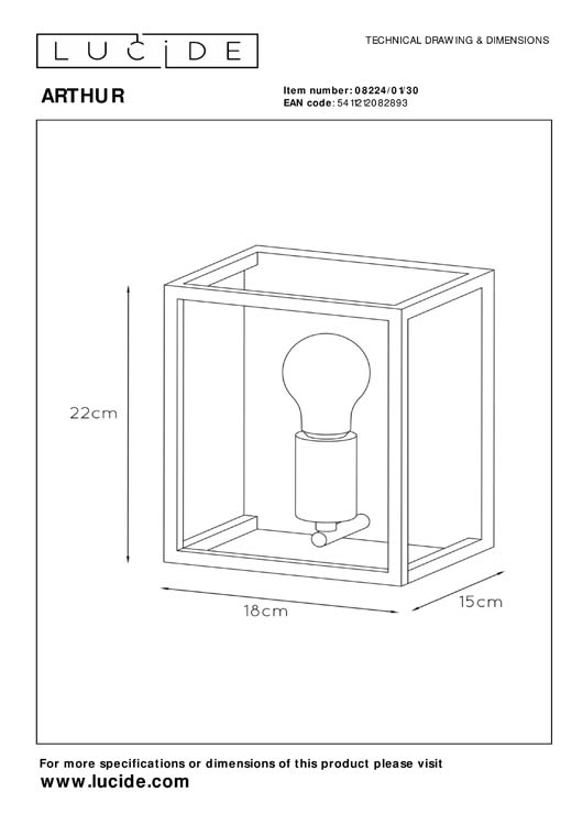 Lucide ARTHUR - Wandlamp - E27 - Zwart