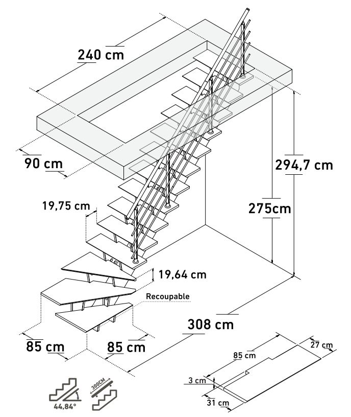 Escalier hêtre Bergheim quart tournant bas droite avec rampe