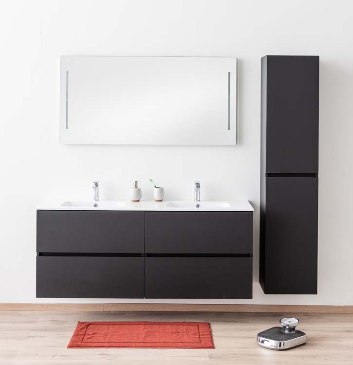 Meuble salle de bain Puro noir mat 4 tiroirs 1600mm 2 lavabo brillant
