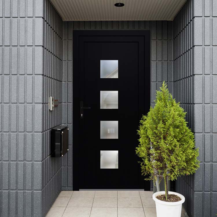 Porte extérieure 4 carreaux PVC noire/blanche - G vitrage mat 980x2180mm