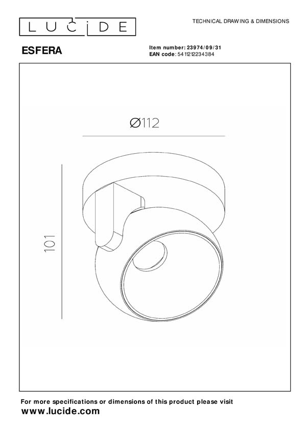 Lucide ESFERA - Plafondspot - LED Dimb. - 1x11W 2700K - Wit