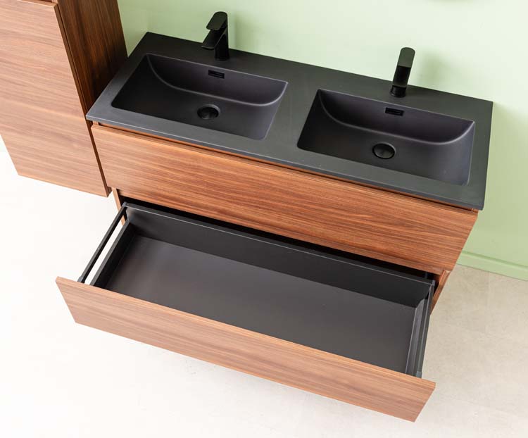 Meuble de salle de bain Dotan noyer 1200 mm lavabo double noir