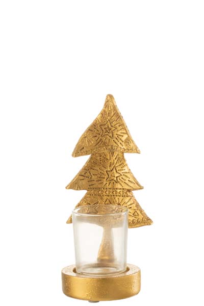 Kaarshouder kerstboom polystone goud small 8.5x8.5x17.5 cm