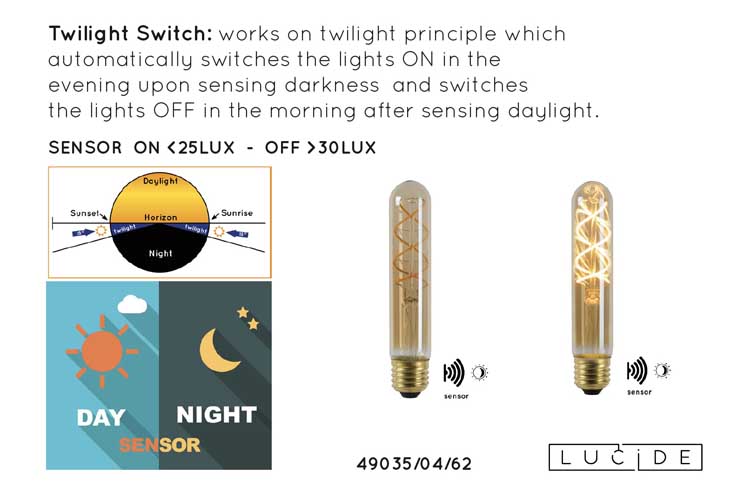 Lucide LED BULB TWILIGHT SENSOR - Filament lamp Buiten - Ø 3 cm - LED - E27 - 1x4W 2200K - Amber