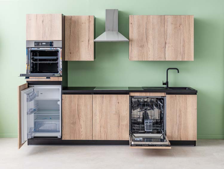 Keuken Plenti 280 cm - oven boven - met toestellen - zwart-houtlook