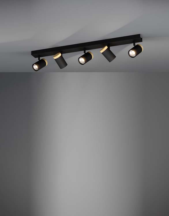 Spot plafond - aluminium - dimmable - GU10 - 5x4.5W - lampe incl - noir/bois - 345 lumen - 3000K