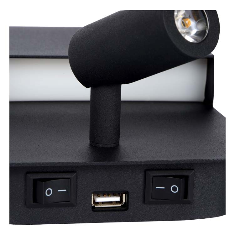 Lucide BOXER - Wandlamp - LED - 1x5W 3000K - Met USB oplaadpunt - Zwart
