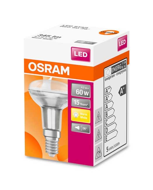 Lampe LED Osram E14 4.3W (345 lumen) pas dimmable lumière blanc chaud
